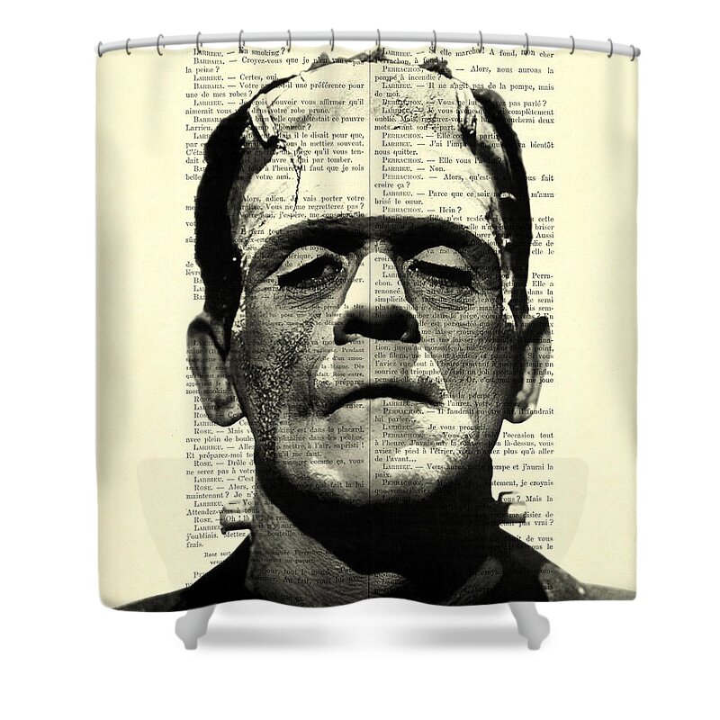 Black And White Shower Curtain featuring the digital art Frankenstein on dictionary page by Madame Memento