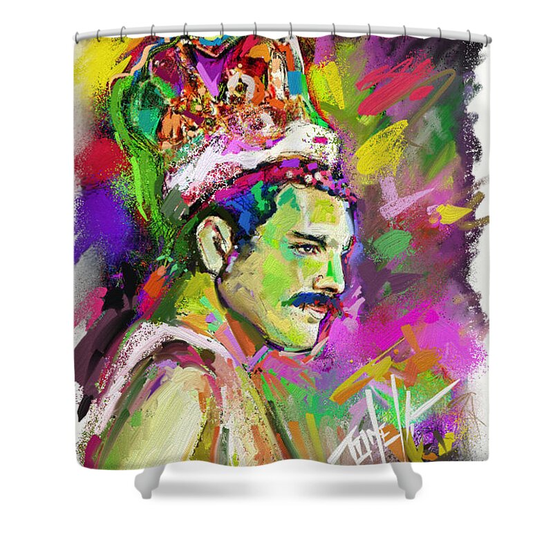 Queen Shower Curtain featuring the mixed media Freddie Mercury, Bohemian Rhapsody by Mark Tonelli