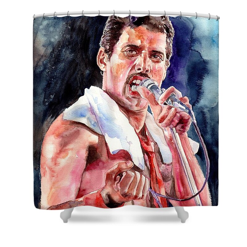 Freddie Shower Curtain featuring the painting Freddie Mercury Singing by Suzann Sines