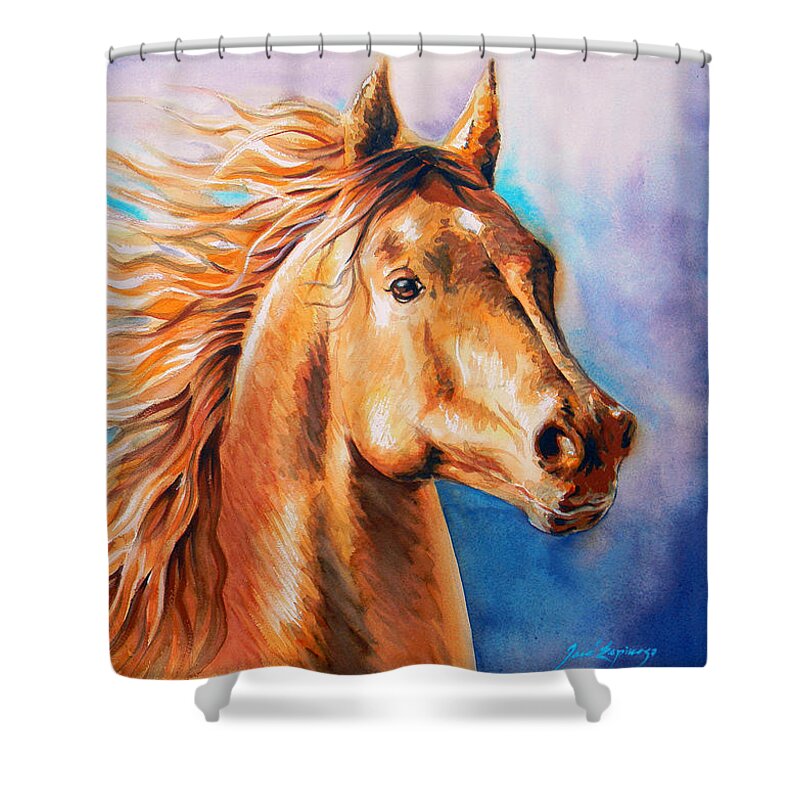 Cavallo Shower Curtain featuring the painting S . C . H . E . R . Z . O by J U A N - O A X A C A