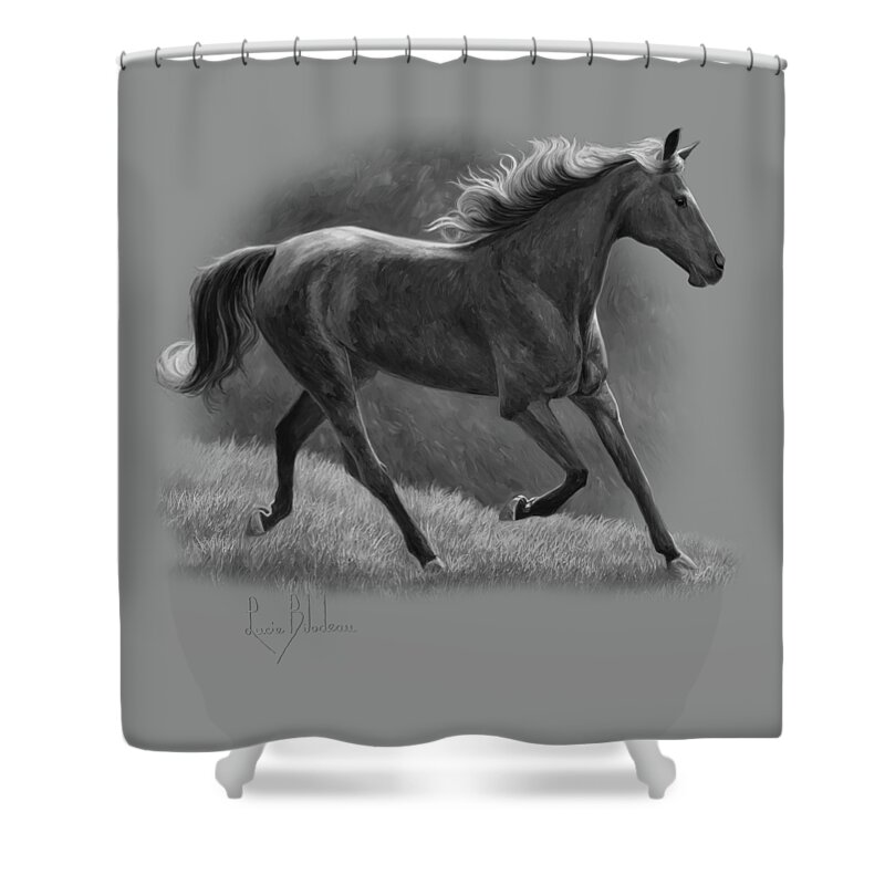 Horse Shower Curtain featuring the painting Free - Black and White by Lucie Bilodeau