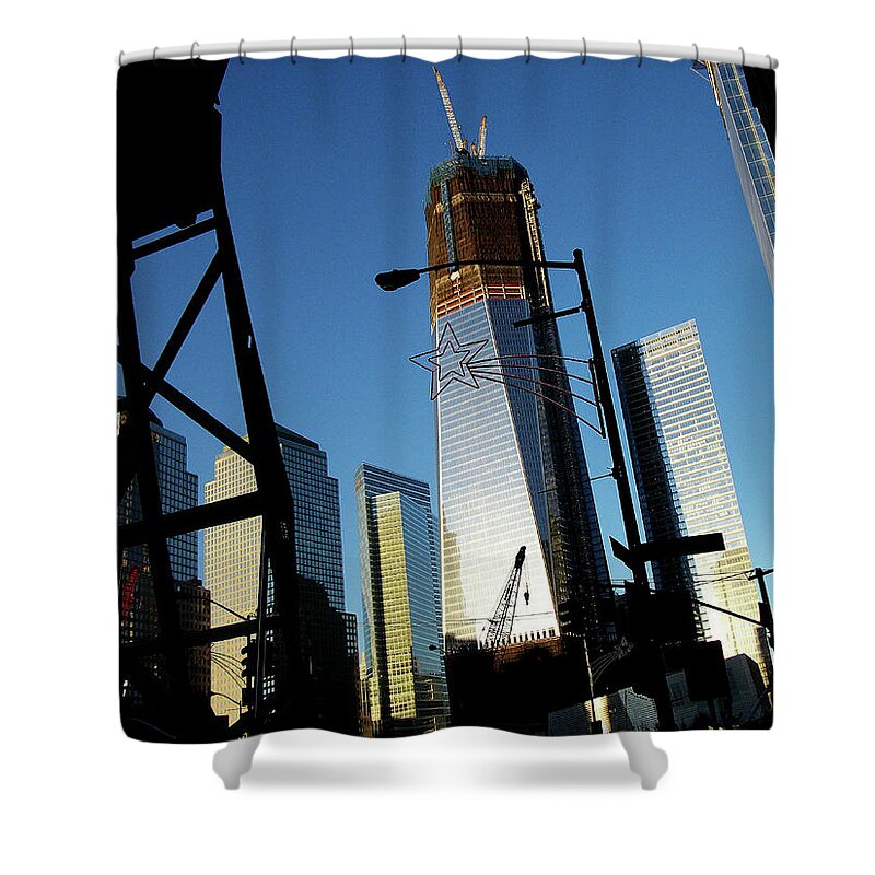 Freedom Tower Shower Curtain featuring the photograph Freedom Tower Under Construction in NYC by Linda Stern