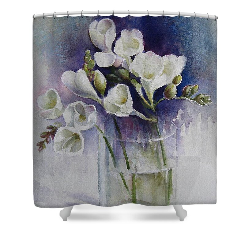 Freesias Shower Curtain featuring the painting Freesias by Elena Oleniuc