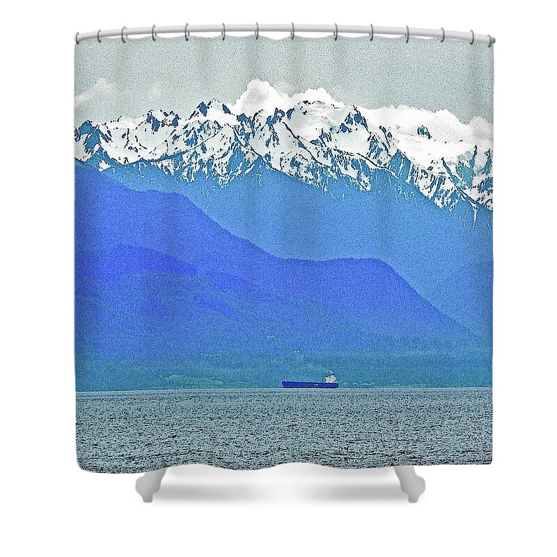 Olympic Mountains Shower Curtain featuring the digital art Freighter Dwarfed by The Olympics by Gary Olsen-Hasek