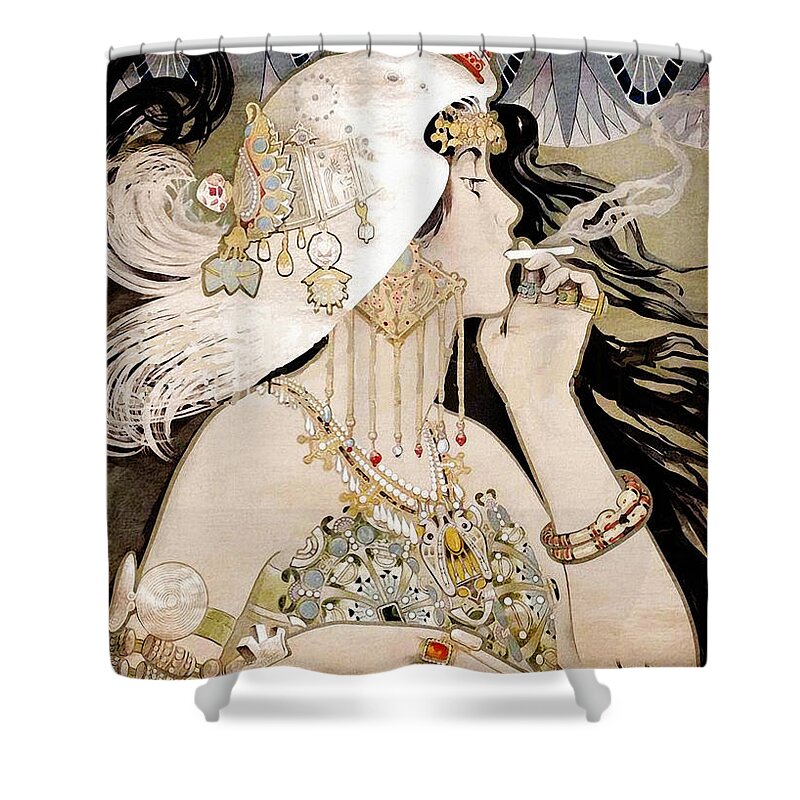 Art Nouveau Shower Curtain featuring the painting French Art Nouveau smoking woman Collage by Tina Lavoie