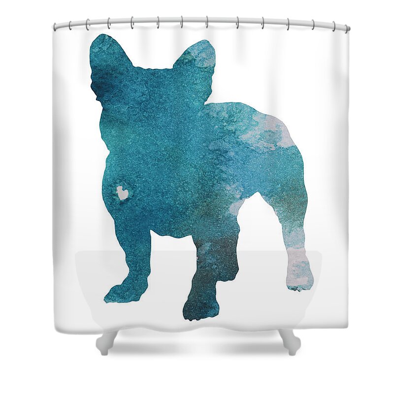  Drawing & Illustration Shower Curtain featuring the painting French Bulldog Silhouette Blue Kids Play Room Decor, Turquoise Frenchie Print Nursery Boy Room Art by Joanna Szmerdt