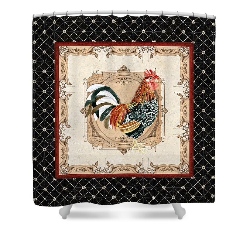 Etched Shower Curtain featuring the painting French Country Roosters Quartet Black 1 by Audrey Jeanne Roberts