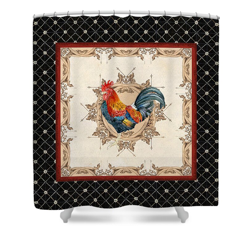 Etched Shower Curtain featuring the painting French Country Roosters Quartet Black 2 by Audrey Jeanne Roberts