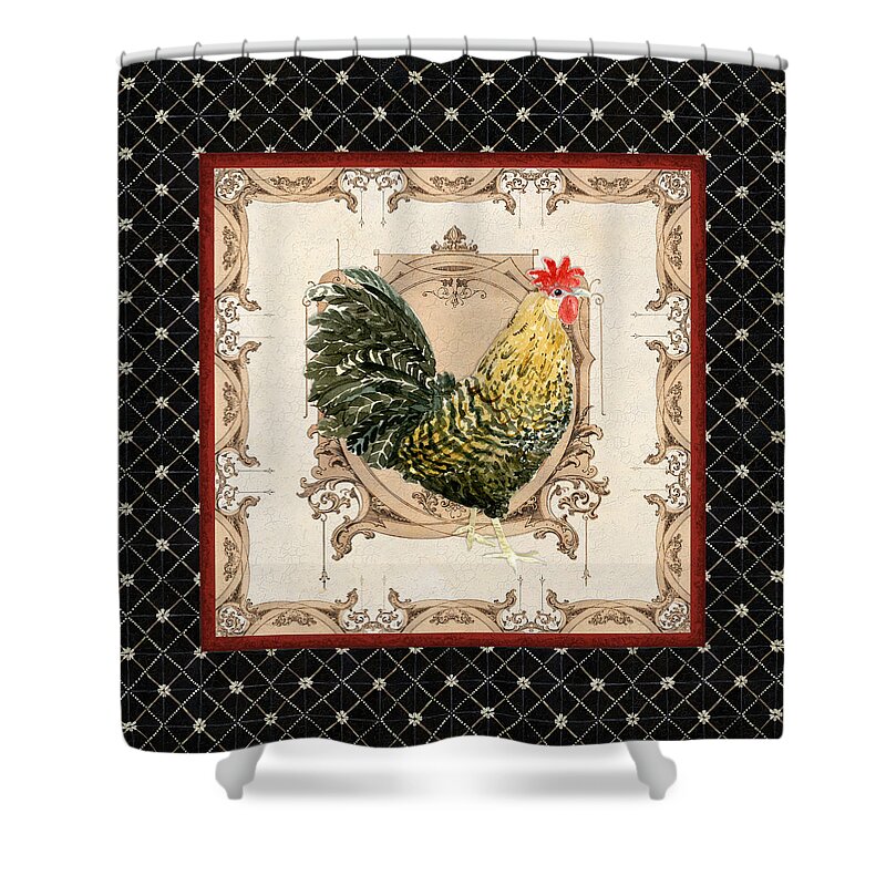 Etched Shower Curtain featuring the painting French Country Roosters Quartet Black 3 by Audrey Jeanne Roberts