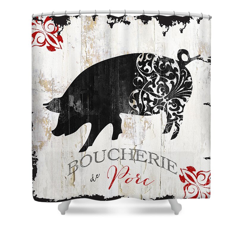 Farm Shower Curtain featuring the painting French Farm Sign Piglet by Mindy Sommers