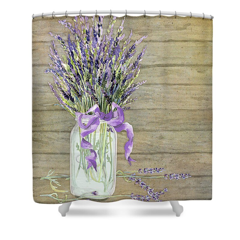 Watercolor Shower Curtain featuring the painting French Lavender Rustic Country Mason Jar Bouquet on Wooden Fence by Audrey Jeanne Roberts