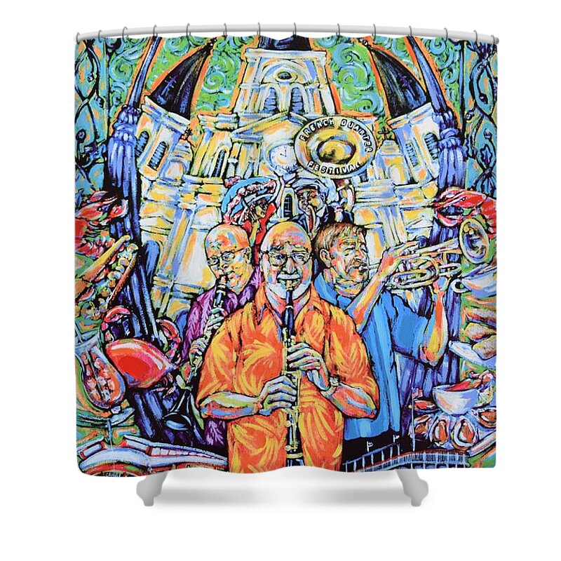 Pete Fountain Shower Curtain featuring the painting French Quarter Fest 2011 by Tami Curtis
