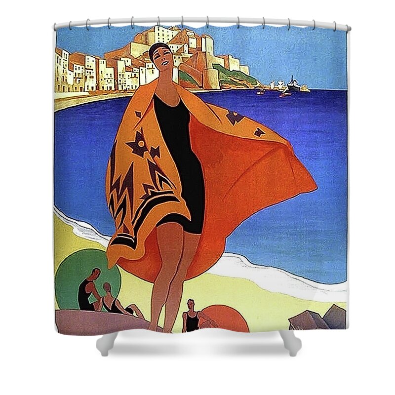French Riviera Shower Curtain featuring the painting French riviera, woman on the beach, Paris, Lyon, Mediterranean railway by Long Shot