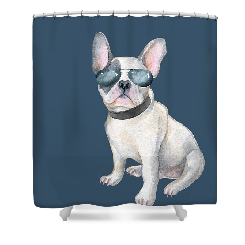 Dog Shower Curtain featuring the digital art Frenchie French Bulldog aviators Dogs In Clothes by Trisha Vroom