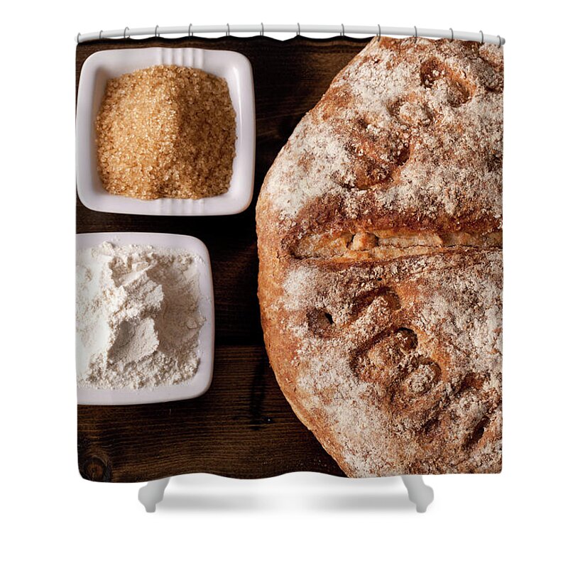Bread Shower Curtain featuring the photograph Fresh baked rustic bread by Simon Bratt