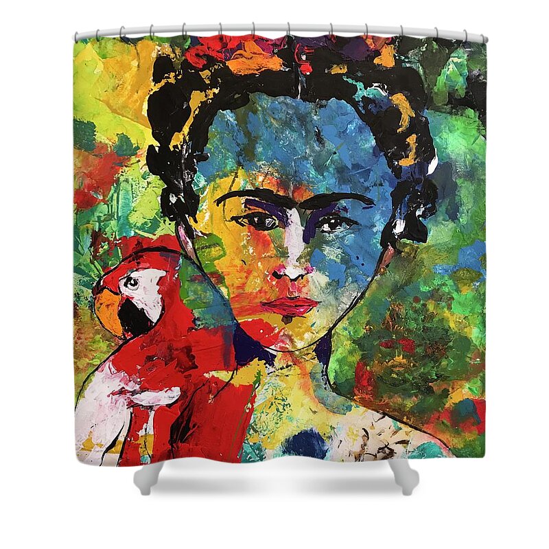 Frida Shower Curtain featuring the painting Frida and Parrot Uno by Elaine Elliott