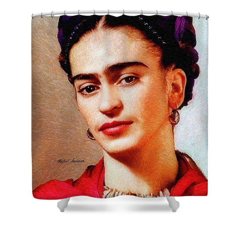 Rafael Salazar Shower Curtain featuring the painting Frida in Red by Rafael Salazar