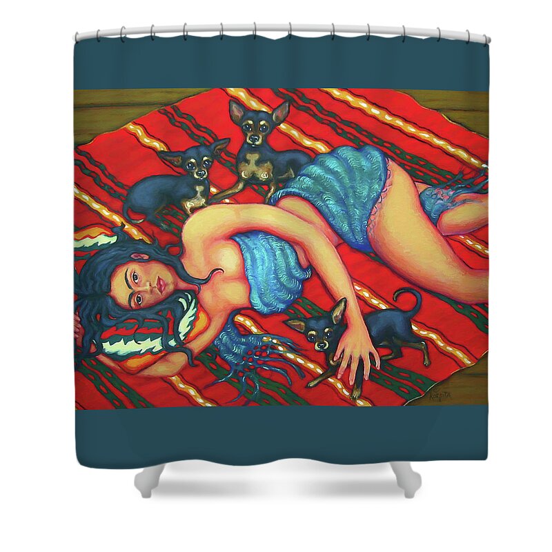 Frida Kahlo Shower Curtain featuring the painting Frida Kahlo - Dreaming of Diego by Rebecca Korpita