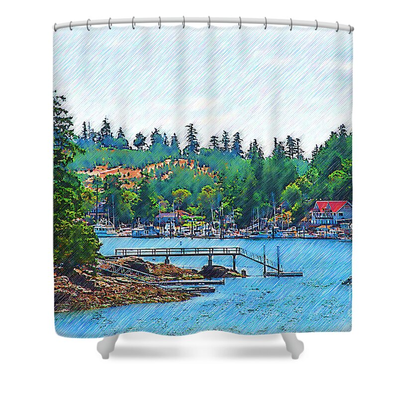 Friday-harbor Shower Curtain featuring the digital art Friday Harbor Sketched by Kirt Tisdale