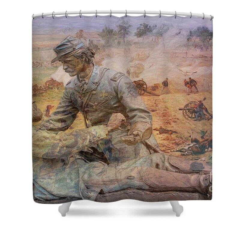 Friend To Friend Shower Curtain featuring the digital art Friend to Friend Monument Gettysburg Battlefield by Randy Steele