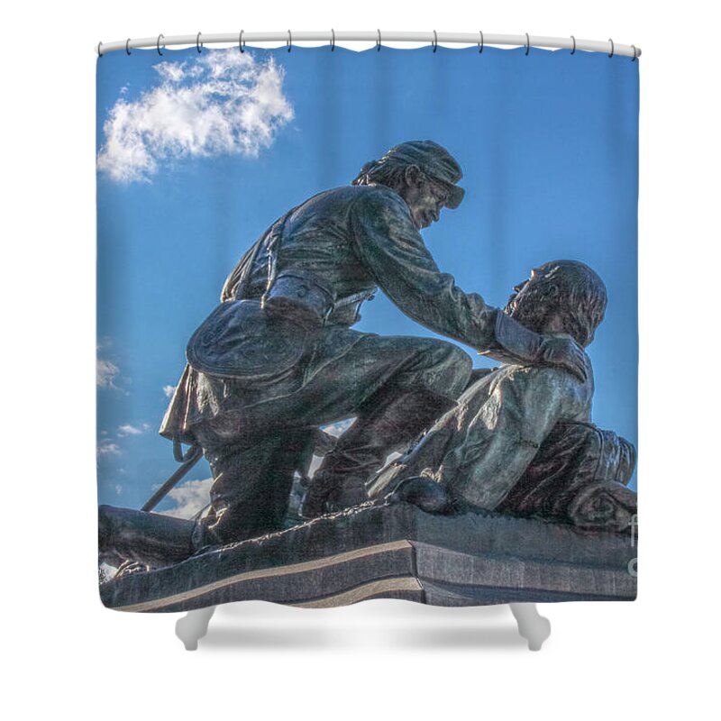 Friend To Friend Shower Curtain featuring the photograph Friend to Friend Monument Gettysburg by Randy Steele