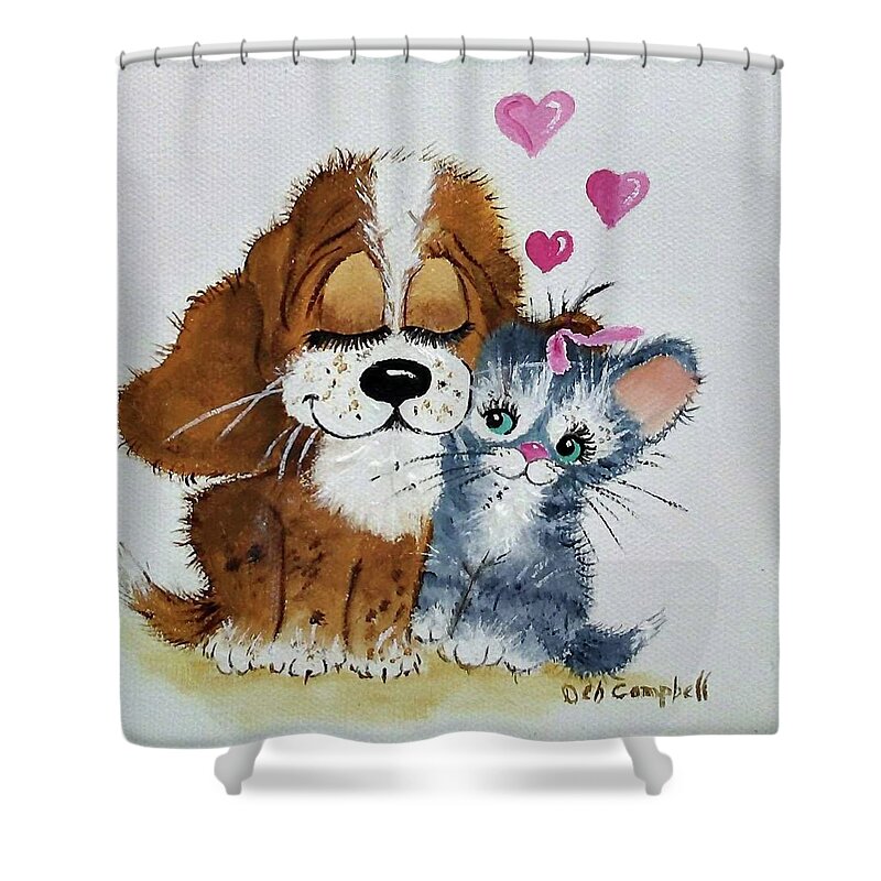 Puppy Shower Curtain featuring the painting Friends Forever by Debra Campbell