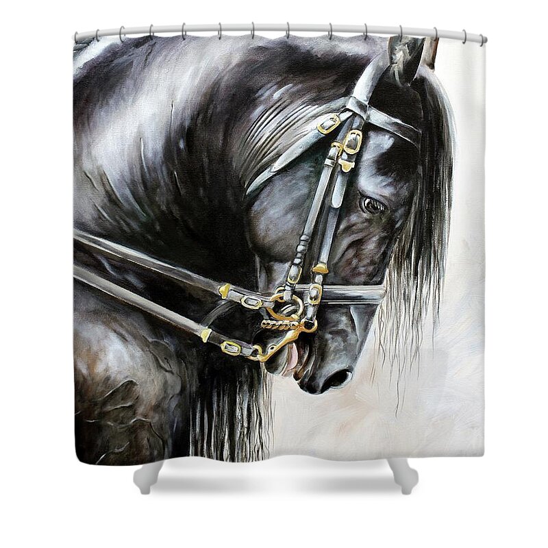 Friesian Shower Curtain featuring the painting Friesian by Debbie Hart