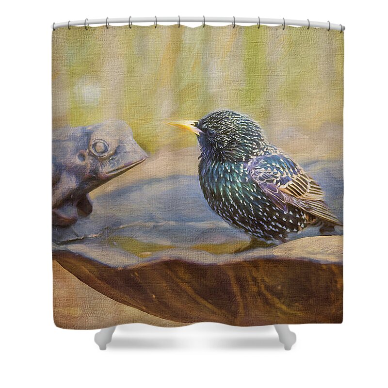 Starling Shower Curtain featuring the photograph Frog and Bird by Cathy Kovarik