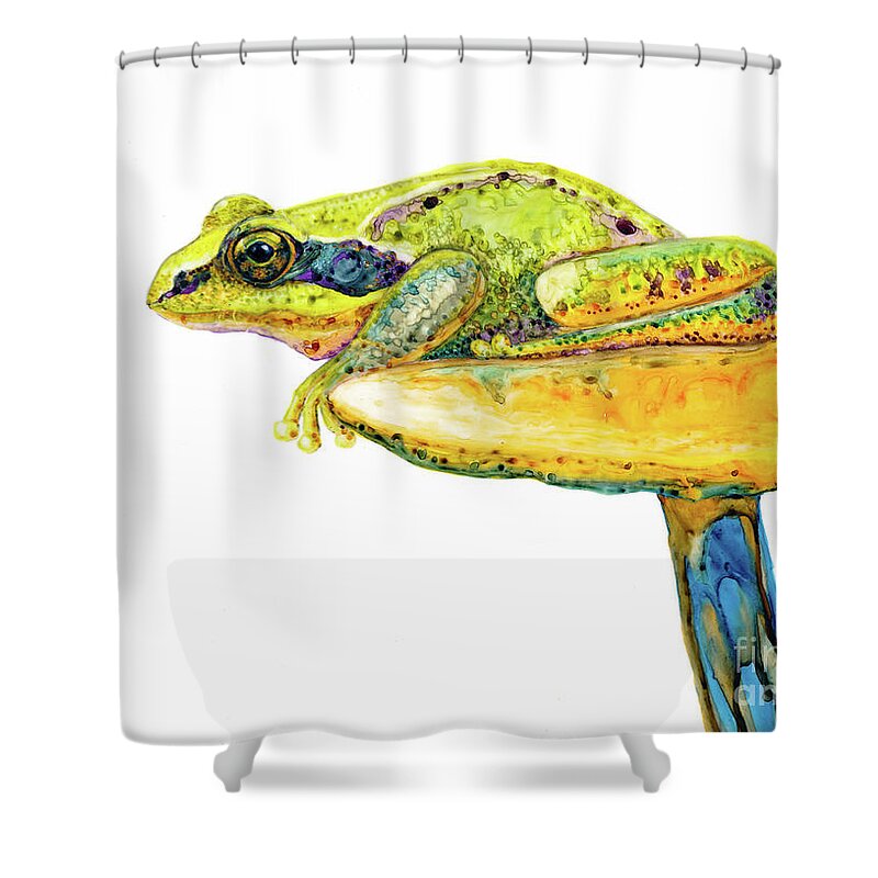 Frog Shower Curtain featuring the painting Frog Sitting on a Toad-Stool by Jan Killian