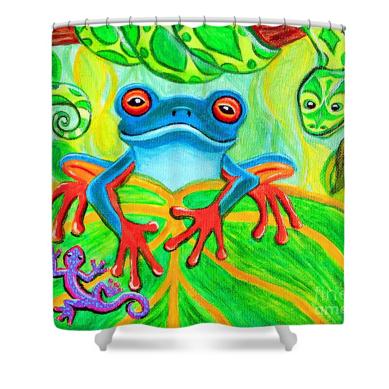 Frog Art Shower Curtain featuring the painting Frog Snake and Gecko in the Rainforest by Nick Gustafson
