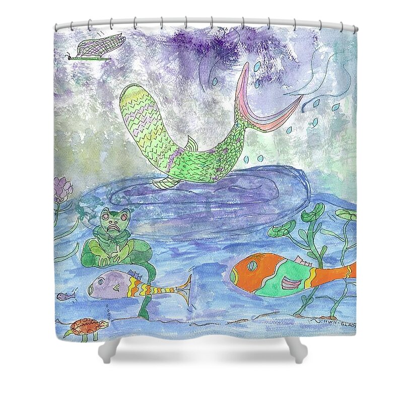 Fish Jumping Shower Curtain featuring the painting Froggy Delight and Fly Fishing by Helen Holden-Gladsky