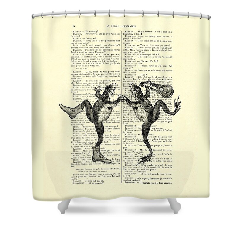 Frog Shower Curtain featuring the digital art Frogs with mandolin music print vintage animals illustration by Madame Memento