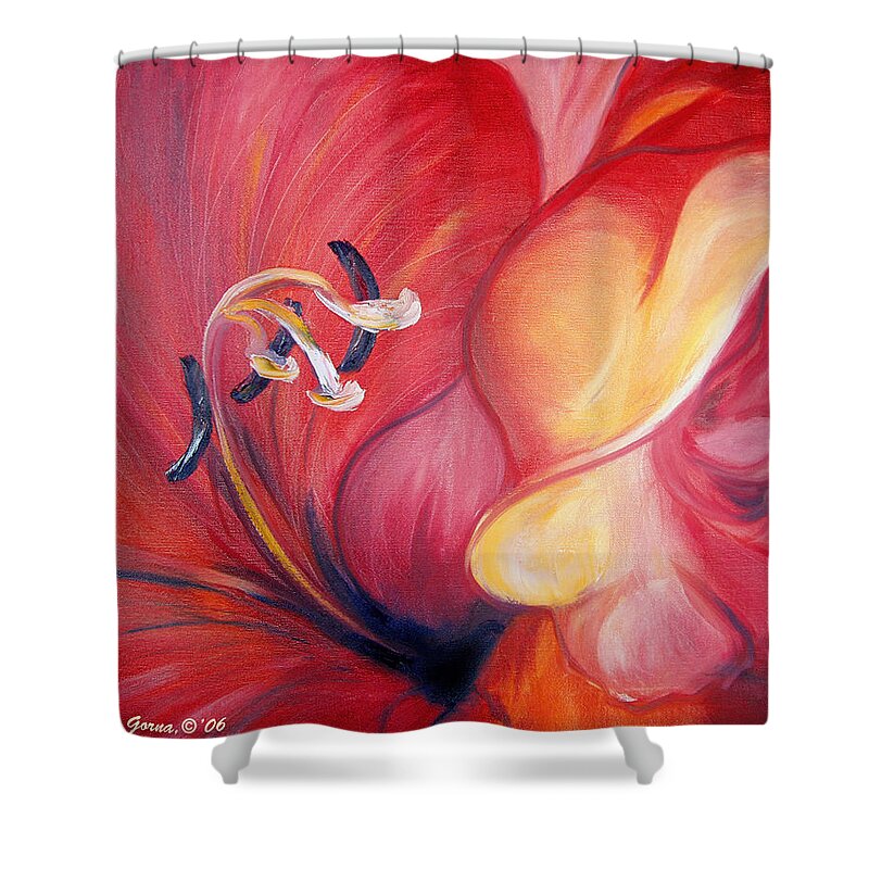 Red Shower Curtain featuring the painting From the Heart of a Flower RED by Gina De Gorna