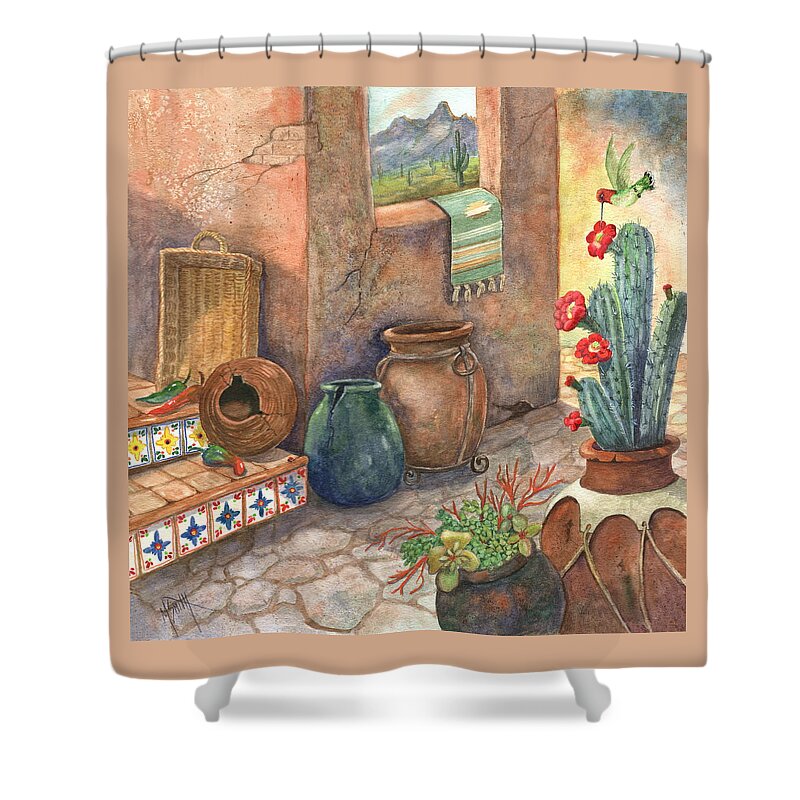 Mexican Pottery Shower Curtain featuring the painting From This Earth by Marilyn Smith