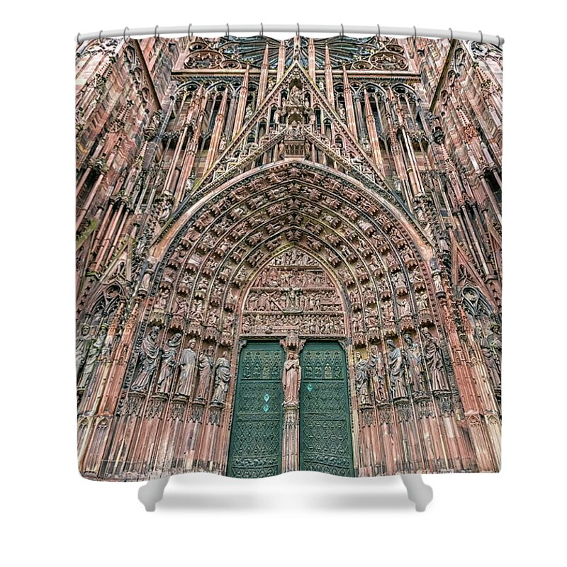 Strasbourg Shower Curtain featuring the photograph Frontispiece Cathedrale Notre-Dame or Cathedral of Our Lady in Strasbourg, Alsace, France by Elenarts - Elena Duvernay photo