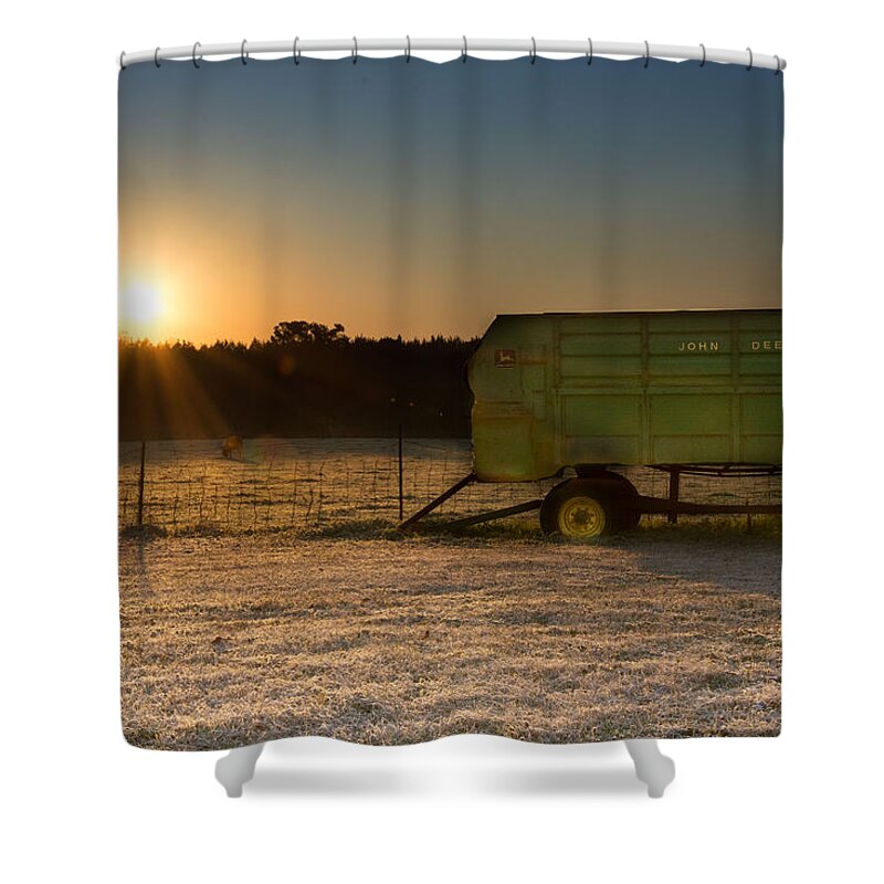 Sunrise Shower Curtain featuring the photograph Frosty John Deere Sunrise by Metaphor Photo