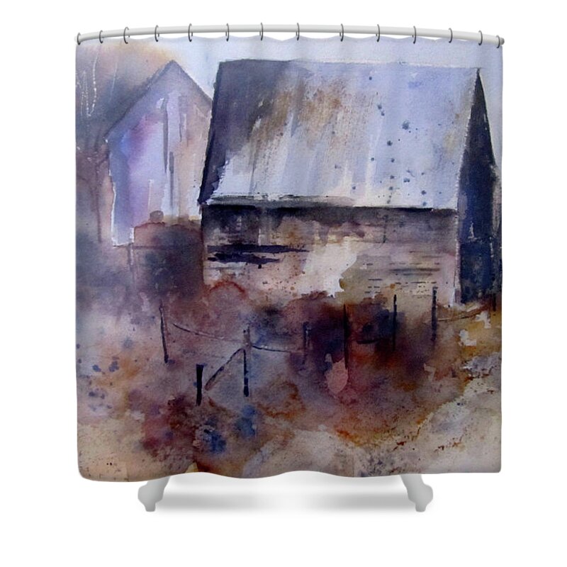 Barns Shower Curtain featuring the painting Frozen Barn by Carole Johnson