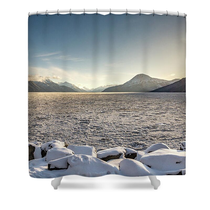Usa Shower Curtain featuring the photograph Frozen fjord sunrise by Framing Places