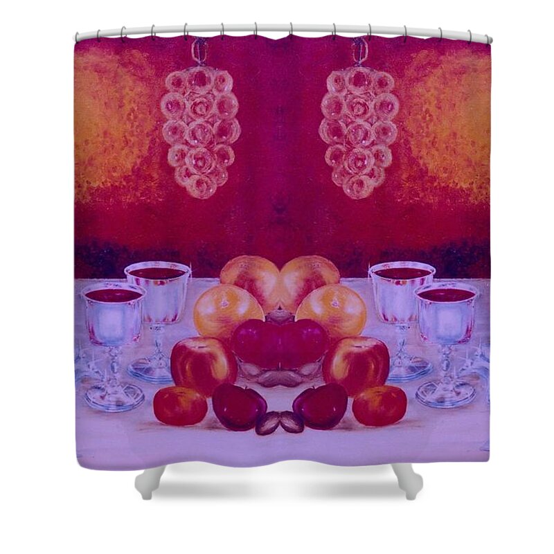 Candlesticks Shower Curtain featuring the painting Fruit and Wine buffet by Deborah D Russo