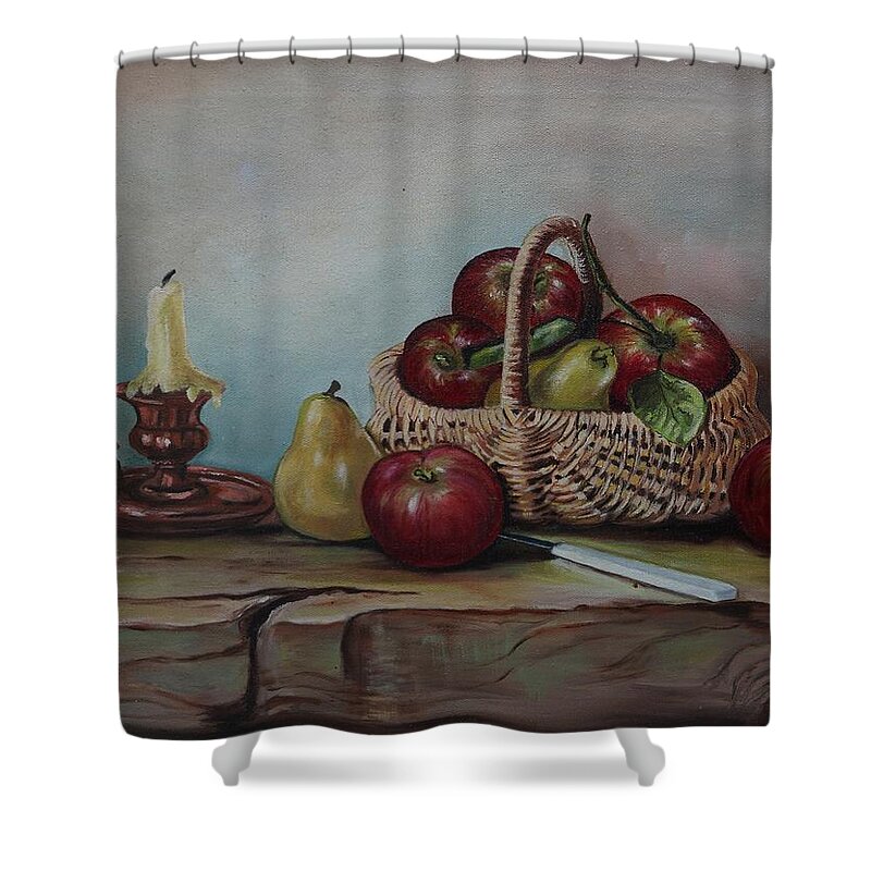 Fruit Basket Shower Curtain featuring the painting Fruit Basket - LMJ by Ruth Kamenev