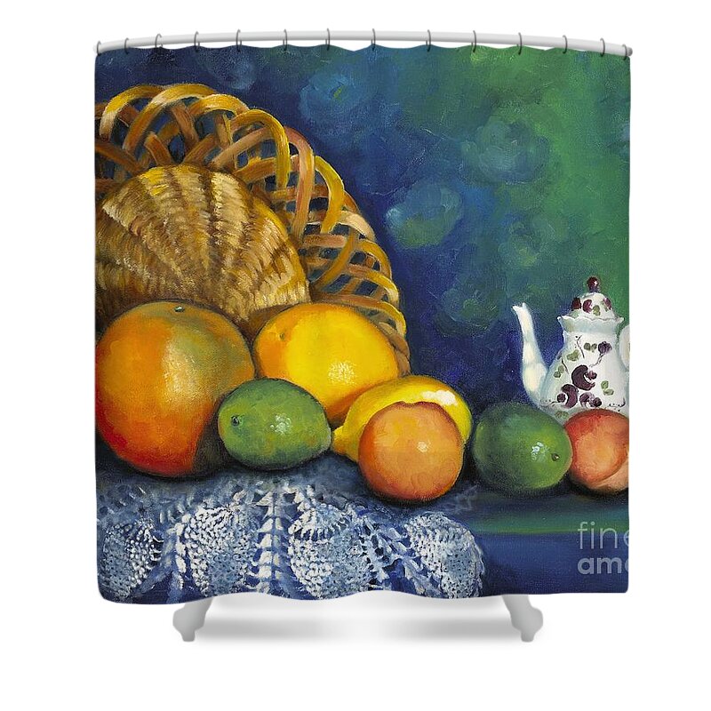 Still Life Shower Curtain featuring the painting Fruit on Doily by Marlene Book