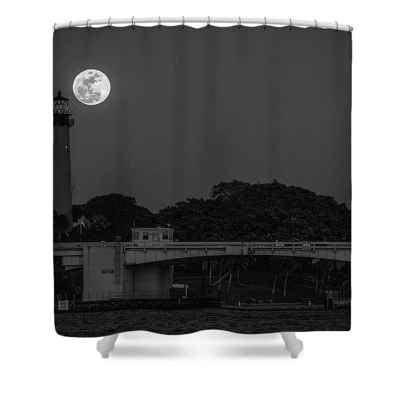 Black And White Shower Curtain featuring the photograph Full Moon and The Jupiter Lighthouse by Christopher Perez