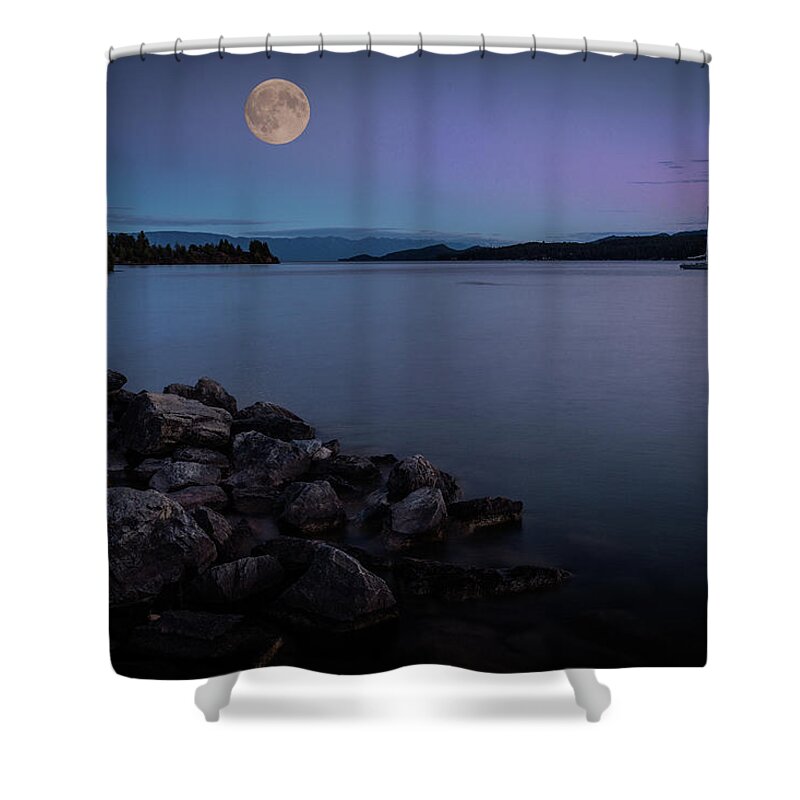 Full Moon Shower Curtain featuring the photograph Full Moon over the Lake by Rick Strobaugh