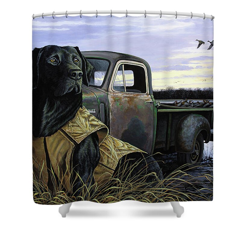 Black Lab Shower Curtain featuring the painting Fully Vested by Anthony J Padgett