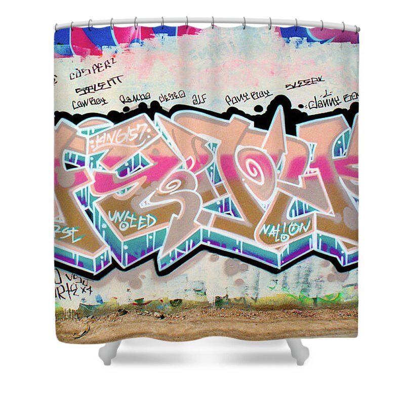 Funk Shower Curtain featuring the photograph FUNK, FIRST UNITED NATION KINGS, Graffiti Art by King 157, North 11th Street, San Jose, California by Kathy Anselmo