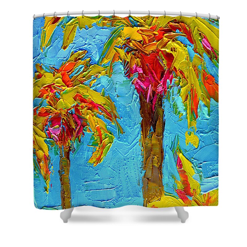 Funky Fun Palm Trees Shower Curtain featuring the painting Funky Fun Palm Trees - Modern Impressionist Knife Palette Oil Painting by Patricia Awapara