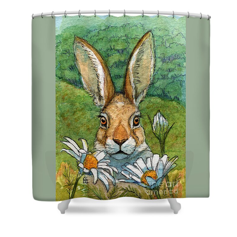 Animal Shower Curtain featuring the painting Funny bunnies - with Chamomiles 889 by Svetlana Ledneva-Schukina
