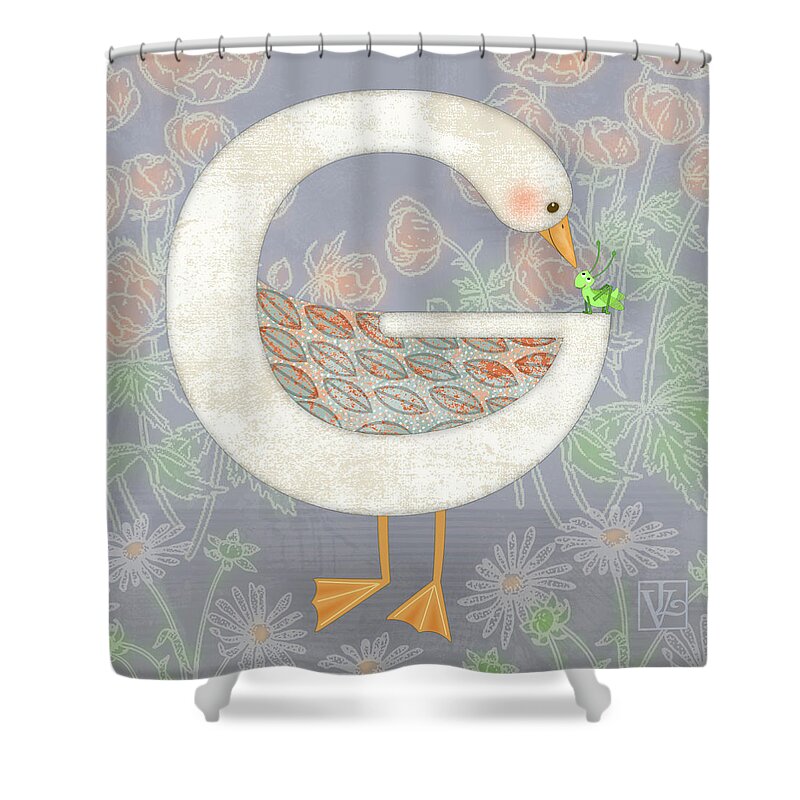 Goose Shower Curtain featuring the digital art G is for Goose and Grasshopper by Valerie Drake Lesiak