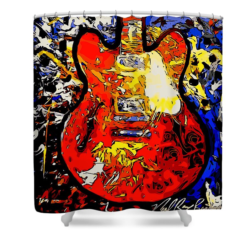 Gibson Es-335 Reworked From Live Painting Shower Curtain featuring the painting gibson ES-335 rework by Neal Barbosa