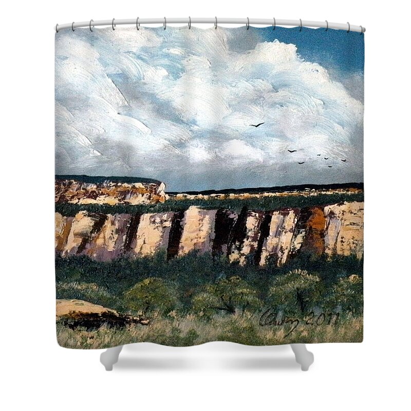 Landscape Shower Curtain featuring the painting Gallup Bluffs 6 of 6 by Carl Owen